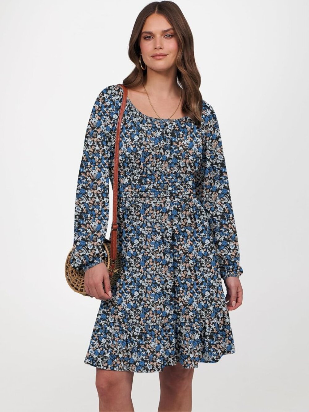 Women's Blue And White Long Lantern Sleeve Ruffle Flowy Swing A-Line Short Dress - Picture 5 of 6